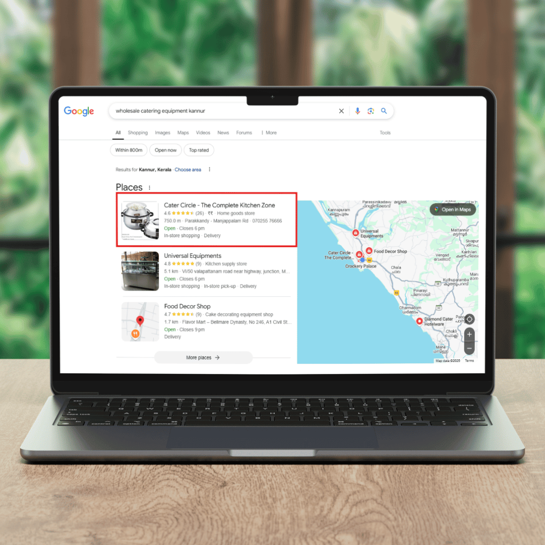 A laptop displays a Google search for wholesale catering equipment in Kannur, showing results and a map on the screen.