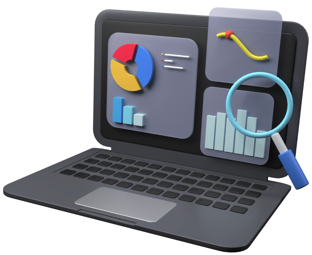 A 3D illustration of a laptop displaying colorful charts and graphs, with a magnifying glass emphasizing data analysis.